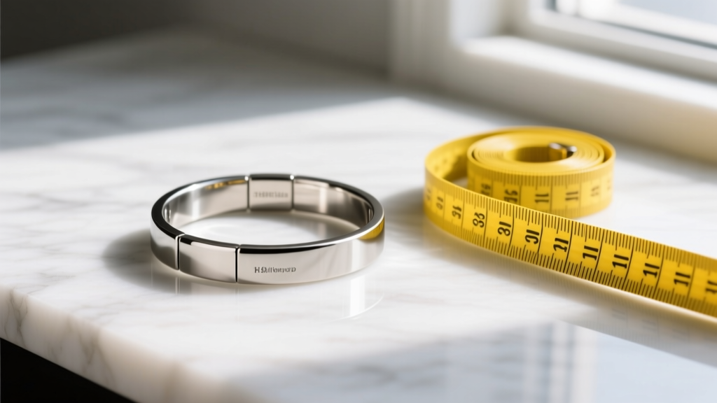 Flat lay of a custom 316L stainless steel ID bracelet on marble next to a yellow tailor measuring tape in soft daylight.