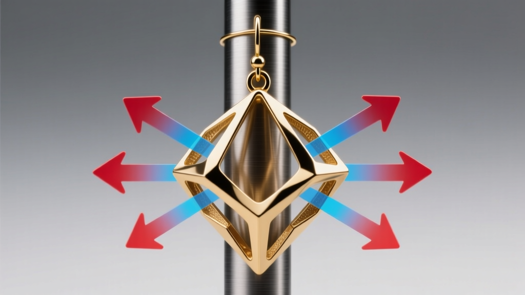 Technical diagram showing shear stress vectors on an 18-gauge post supporting a heavy geometric brass dangly earring design