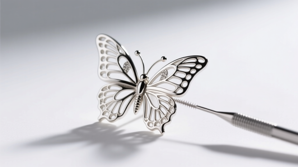 Interdental brush cleaning filigree crevices of a silver large butterfly earring under bright, focused LED studio lighting.