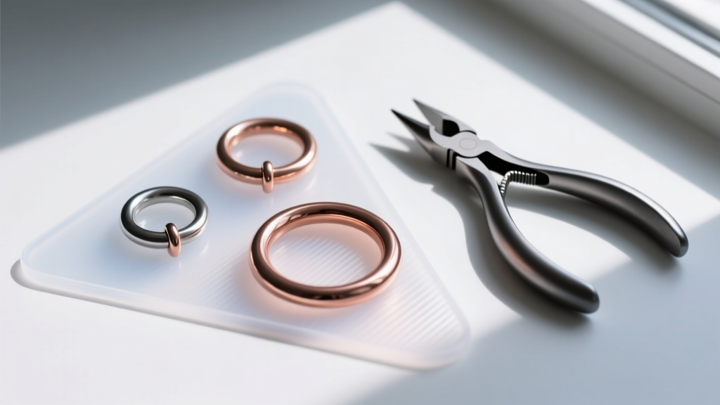 Top-down view of three different sized seamless nose hoops resting on a silicone mat next to a pair of stepped round nose pliers