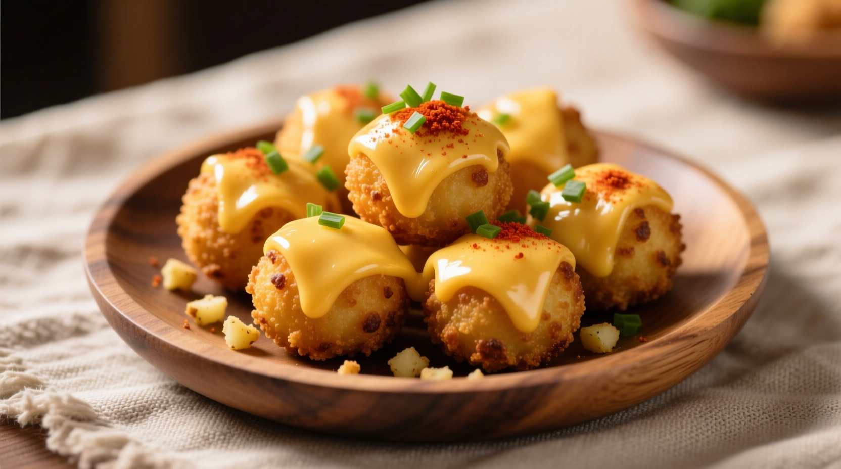 Golden cheese balls with potato on serving platter