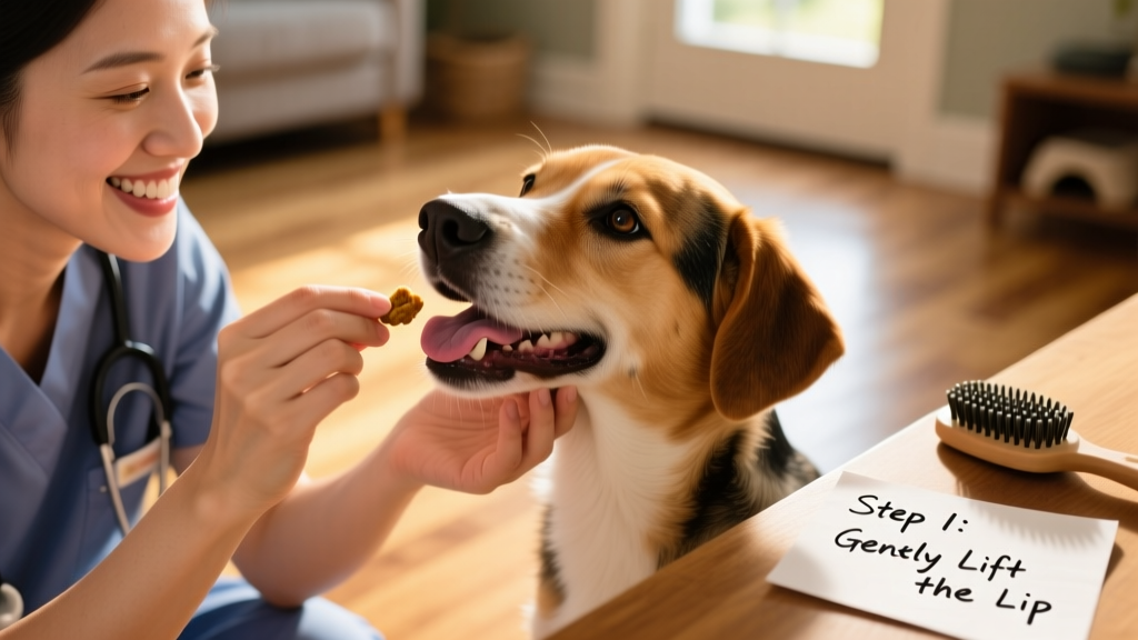 A person gently lifting a dog's lip with one hand while offering a treat with the other