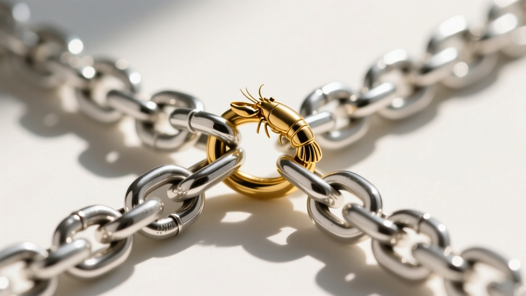 Macro shot of heavy sterling silver rolo chain link interlocking with small gold lobster clasp, showing metal texture.