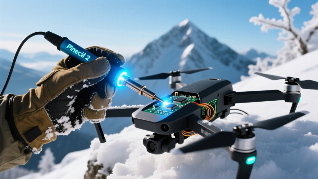 A pair of weatherproof tactical gloves holding a glowing Pinecil V2 soldering iron, repairing a drone on a snowy mountain peak.