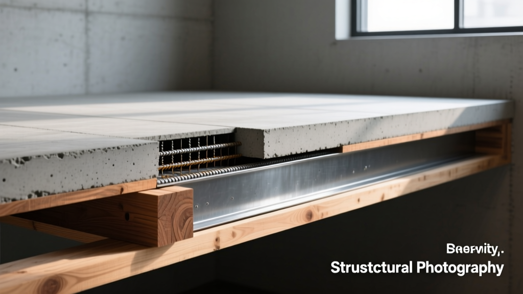 Cross-section of steel-reinforced concrete deck slab next to pressure-treated wood joist frame with structural dimensions labeled
