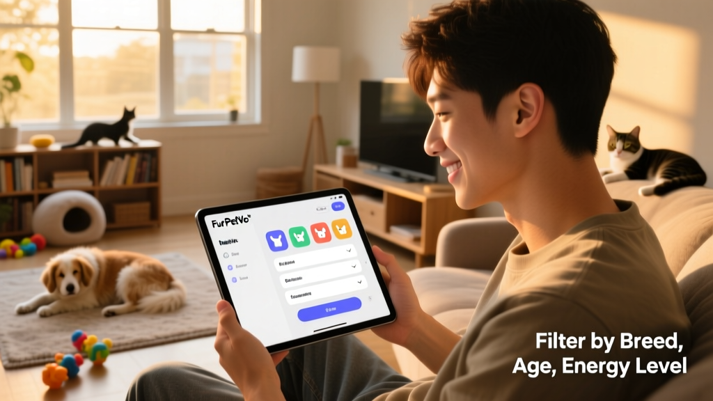 A person using a tablet to browse FurPetVo's filter interface, with clear icons and dropdown menus visible on screen
