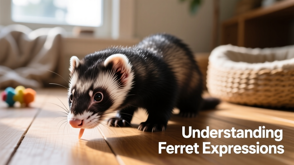 Close-up of a curious ferret sniffing the floor with alert posture and twitching nose