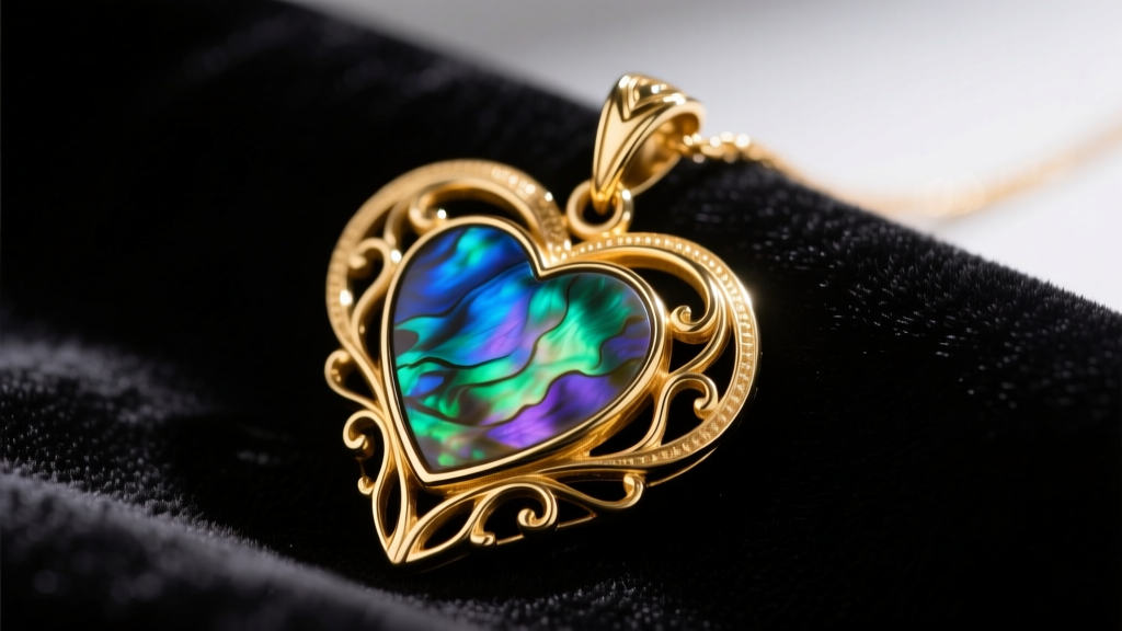 Close-up of a high-end 14k gold Heart of Te Fiti pendant featuring iridescent paua shell inlay, resting on dark velvet fabric