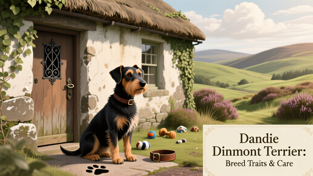 Historical illustration showing a Dandie Dinmont Terrier beside a rustic cottage in the Scottish Borders
