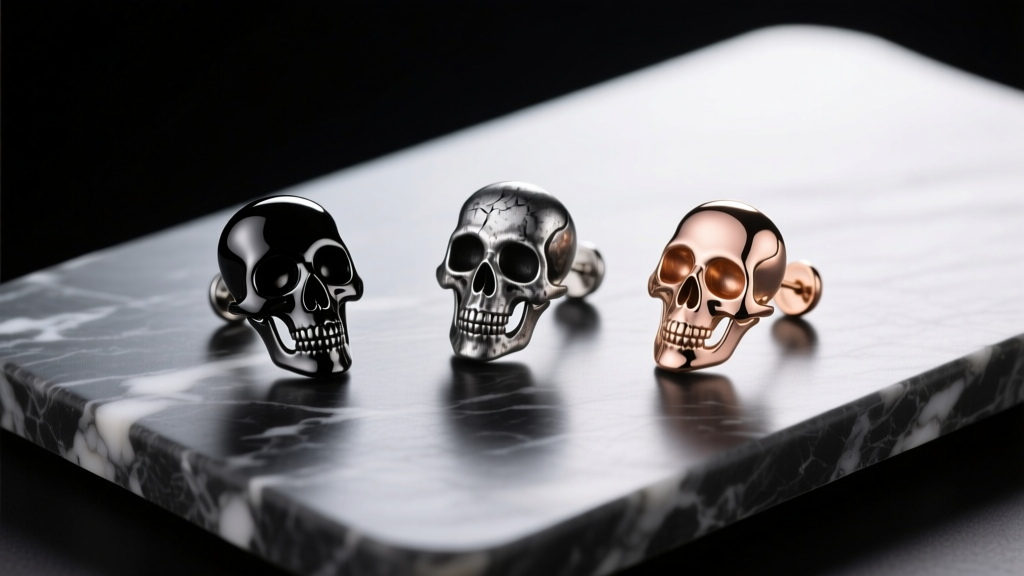 Flat lay of three skeleton earrings featuring black PVD steel, oxidized silver, and rose gold finishes on a dark marble slab