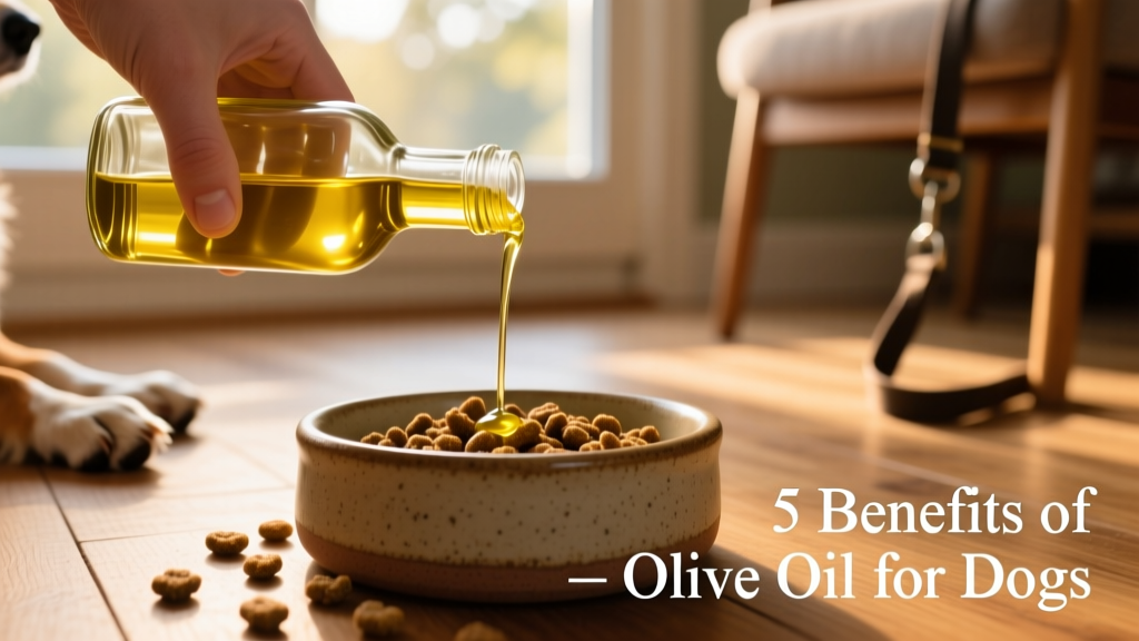 Close-up of a hand pouring extra virgin olive oil from a glass bottle onto kibble in a ceramic dog bowl