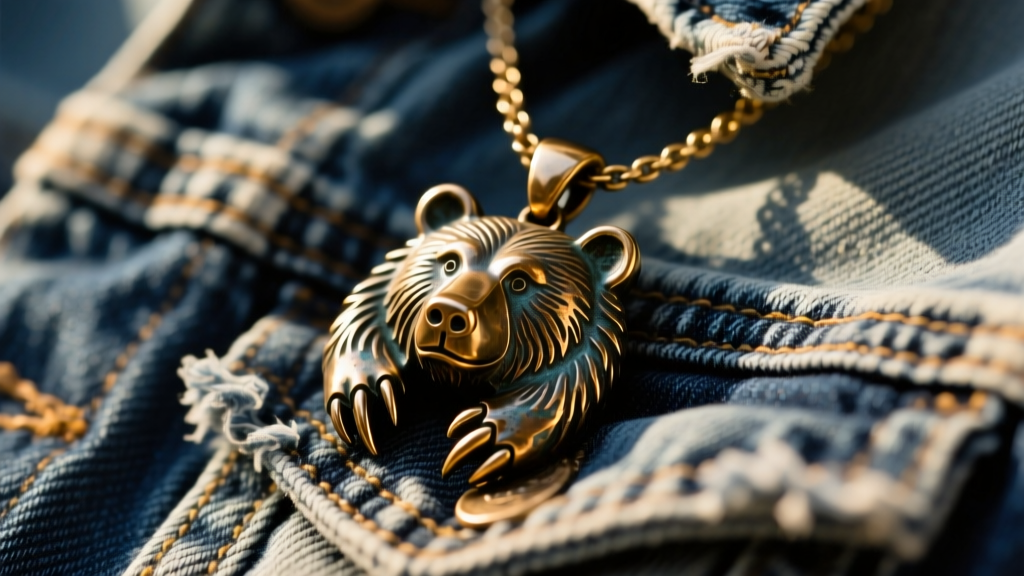 Close-up of a rugged cast bronze grizzly bear claw necklace pendant resting on a faded denim jacket, lit by warm natural sunlight.