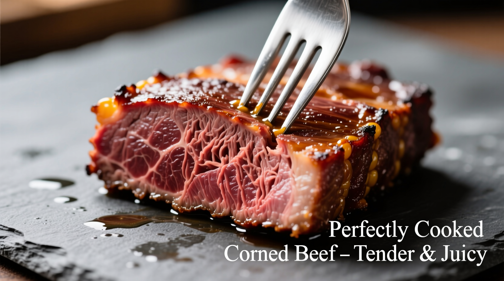 Perfectly cooked corned beef with fork showing tender texture