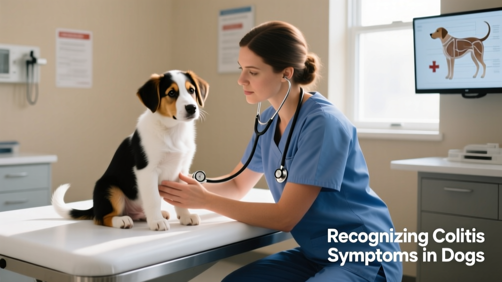 a tri-colored puppy sitting calmly on a vet’s exam table while a veterinarian gently examines its abdomen