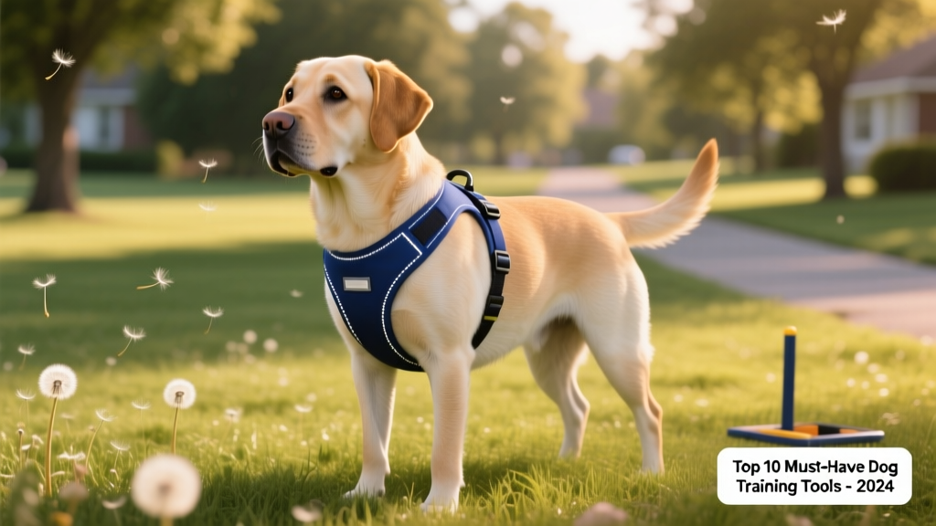 A confident, attentive dog wearing a well-fitted blue harness during a relaxed training session in a grassy park