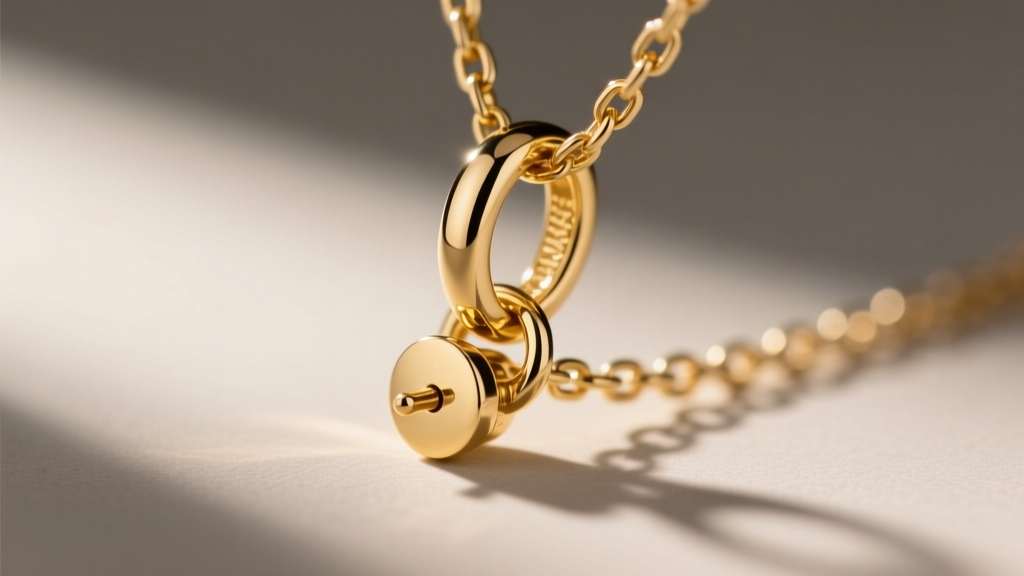 Macro shot of a gold bail connecting a stud pendant to a chain, showing the tiny soldered jump ring and polished metal finish.