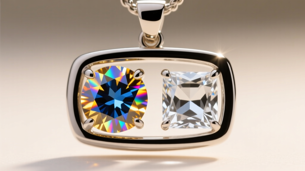 Macro shot comparing light dispersion of VVS moissanite and cubic zirconia stones in a custom sports pendant under bright light