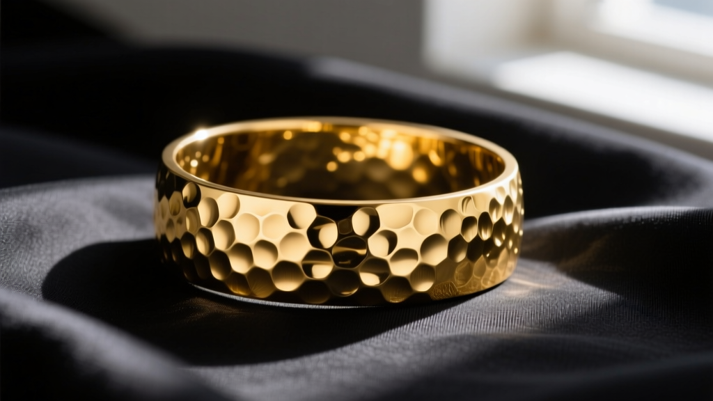 Macro shot of a hammered 18k yellow gold cuff bracelet resting on dark black crepe fabric, highlighting textured light reflections.