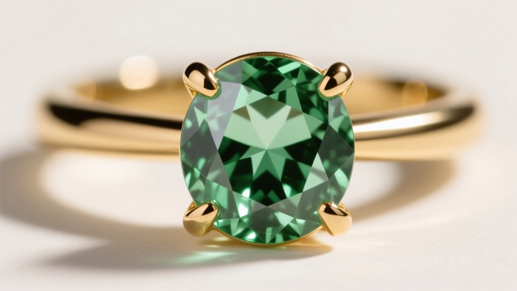 Macro loupe view of a four-prong 14k gold setting holding a prasiolite gem, showing the stone girdle and pavilion facets clearly.