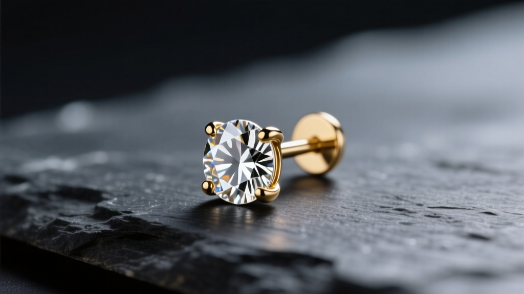 Close-up of a 4mm round diamond stud earring in 14k gold martini setting on dark slate, soft studio lighting highlighting facets.