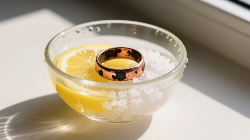 A small glass bowl containing a mixture of lemon juice and coarse salt, with a tarnished copper ring submerged and half-cleaned.