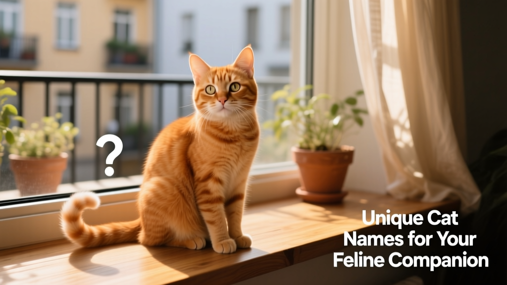 A curious ginger cat sitting upright on a sunlit windowsill, ears perked and tail gently curled