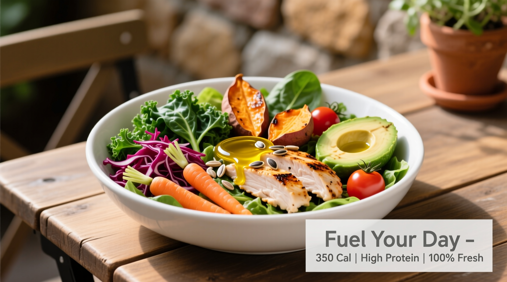 Nutritious fast food salad bowl with vegetables and protein