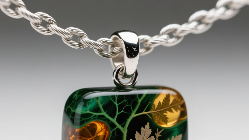 Loupe view of a thick 16-gauge sterling silver jump ring attaching a heavy botanical resin pendant to a sturdy silver cable chain