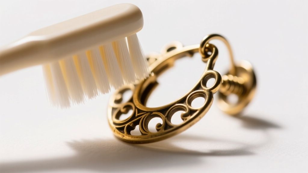 Close-up of a soft toothbrush gently scrubbing the brass filigree of a screw-back vintage clip earring under warm light