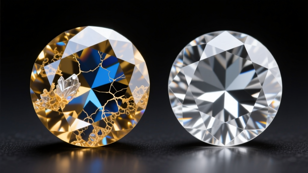 Microscope view comparing a natural diamond with tiny inclusions and a flawless lab-grown diamond under polarized light