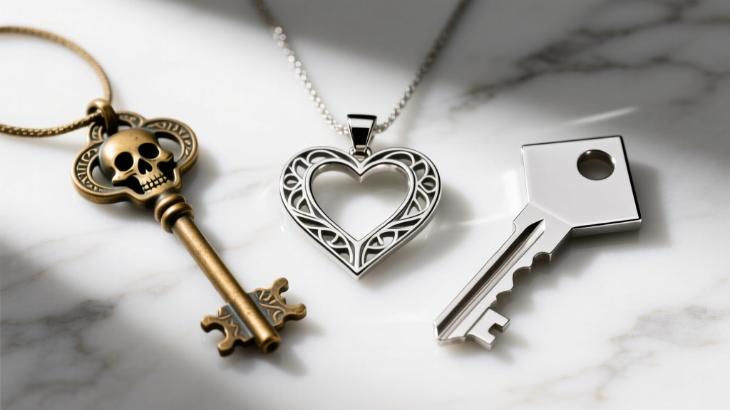 Three key pendants on marble: a brass skeleton key, a sleek platinum geometric key, and a sterling silver heart-key hybrid design