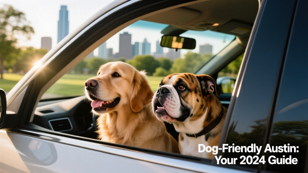 two dogs looking out of a passenger window in a car in Austin