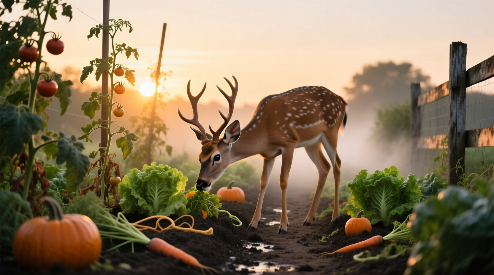 Deer browsing in a vegetable garden at dusk