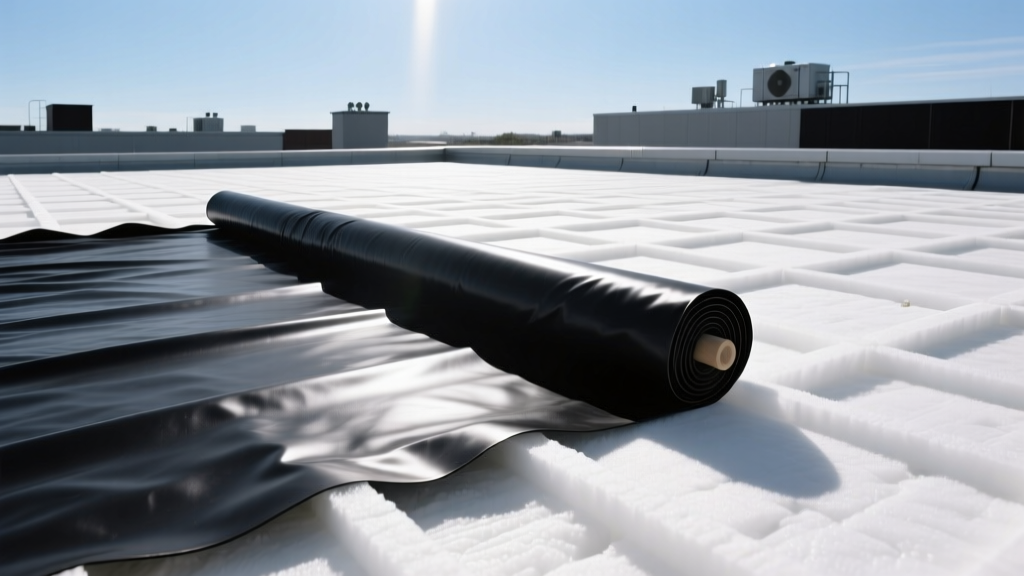 Black EPDM rubber membrane being rolled over rigid polyiso insulation on a commercial flat roof under bright sunlight