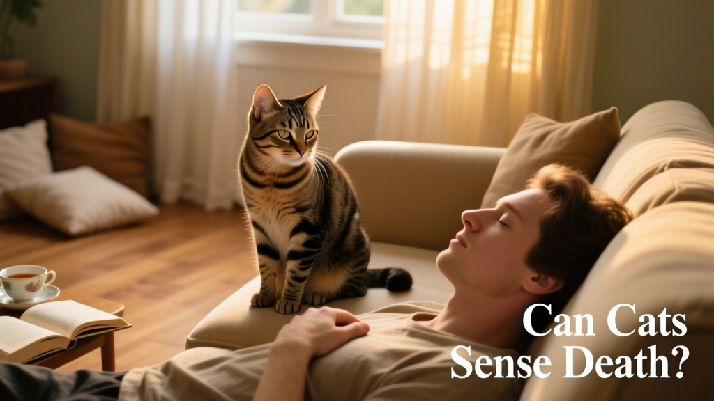 A calm, observant cat sitting quietly beside a person resting on a sofa