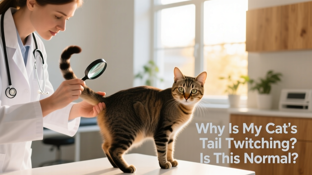 Veterinarian gently examining a cat's tail base while the cat remains calm and alert