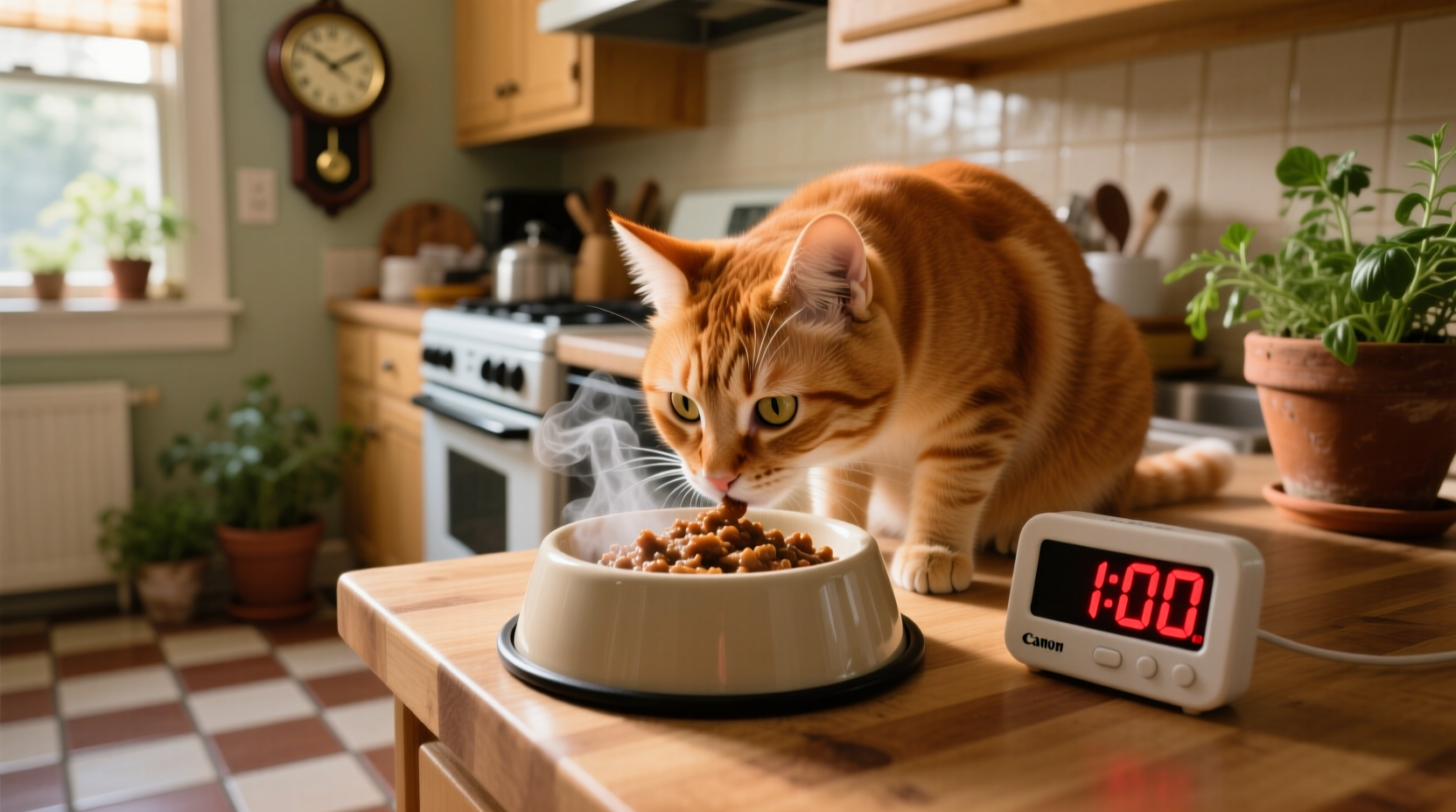 Cat sniffing wet food bowl with timer showing 1 hour