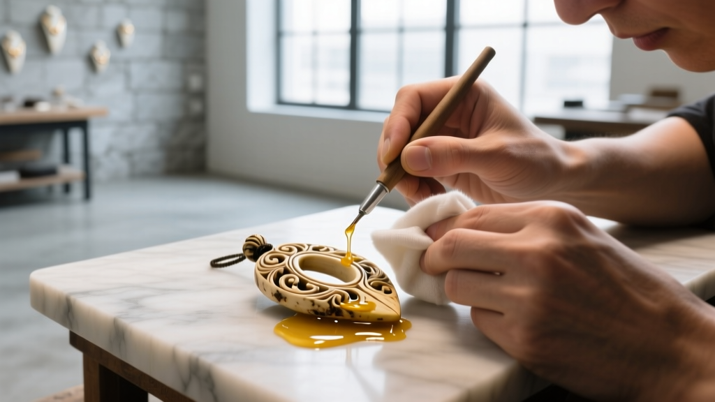 Hands applying microcrystalline wax to an antique bone pendant with a soft cloth in a bright, well-lit jewelry repair workshop.