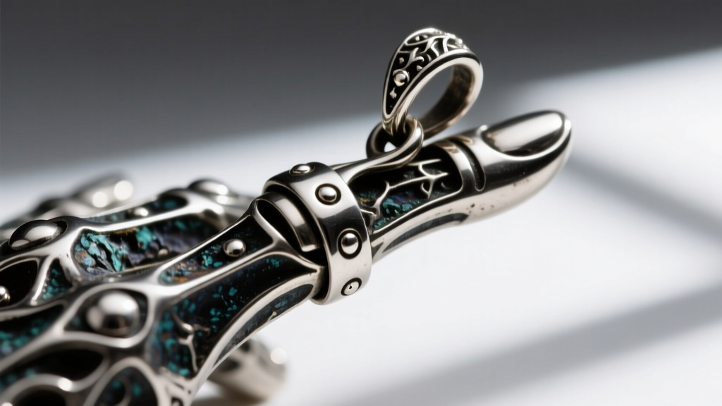 Macro photography of a hinged silver finger joint on a gothic hand pendant, showing the micro-rivet and dark oxidized crevices.