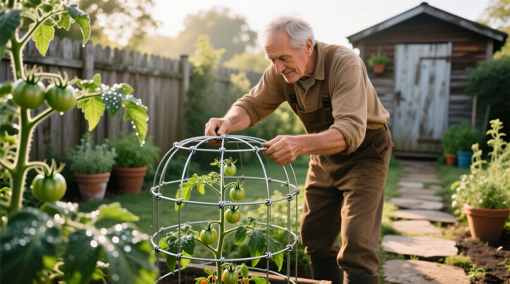 Gardener installing tomato cage in backyard garden