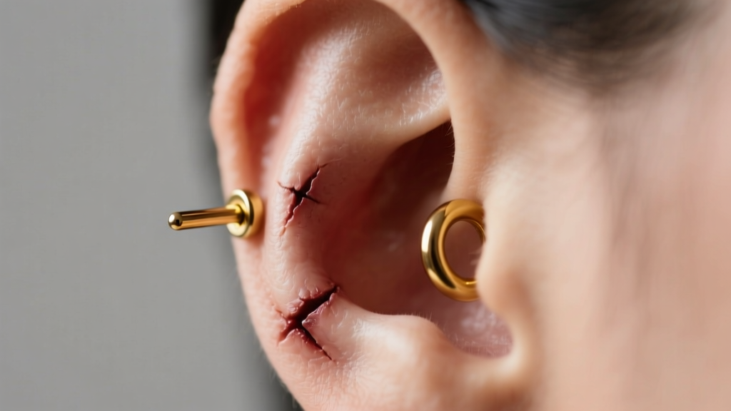 Side profile of a healed helix piercing with a 16-gauge gold hoop, showing the 90-degree angle of the cartilage fistula tract.