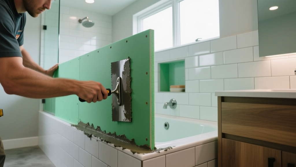 Contractor installing green glass-mat moisture proof gypsum board behind a shower pan with a trowel and thinset mortar in a modern bathroom
