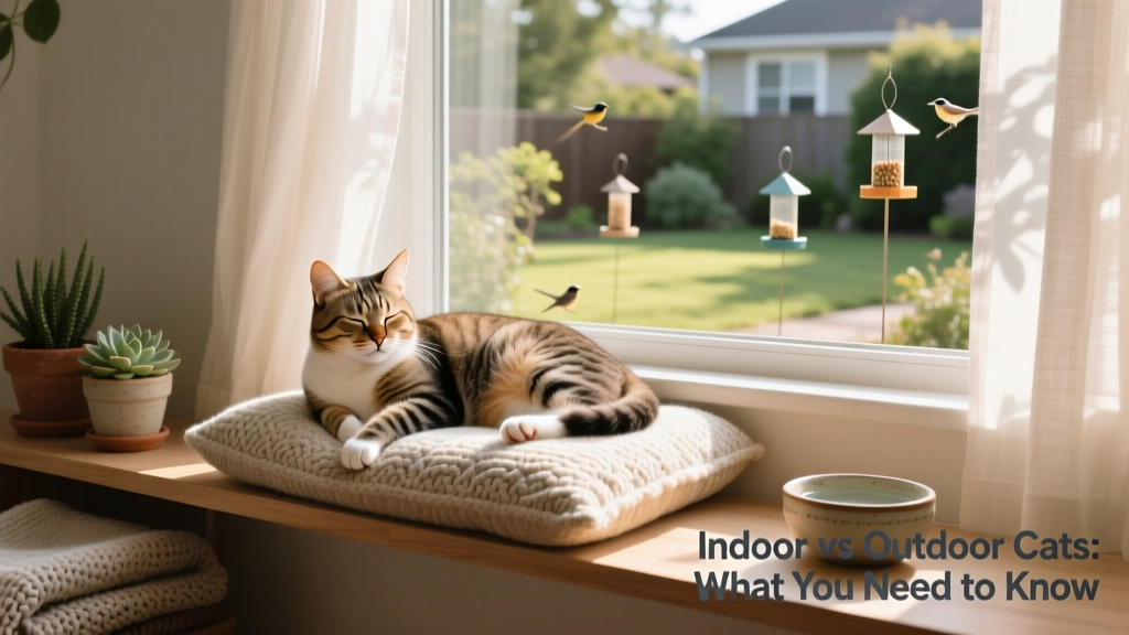 A relaxed indoor cat lounging on a cozy window perch with sunlight streaming in