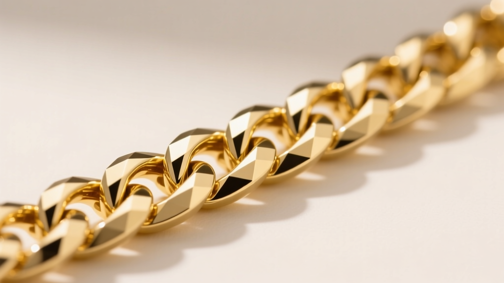 Macro shot of a solid 14k yellow gold Cuban link chain showing diamond-cut flat surfaces and interlocking link architecture.
