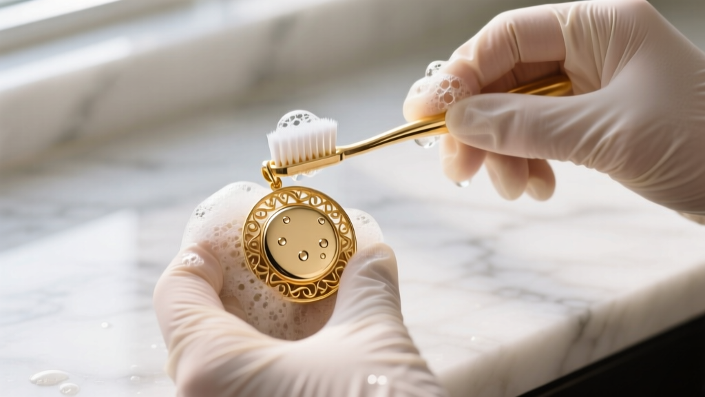 Hands in nitrile gloves gently scrubbing a gold vermeil circular pendant with a soft-bristled toothbrush and soapy water
