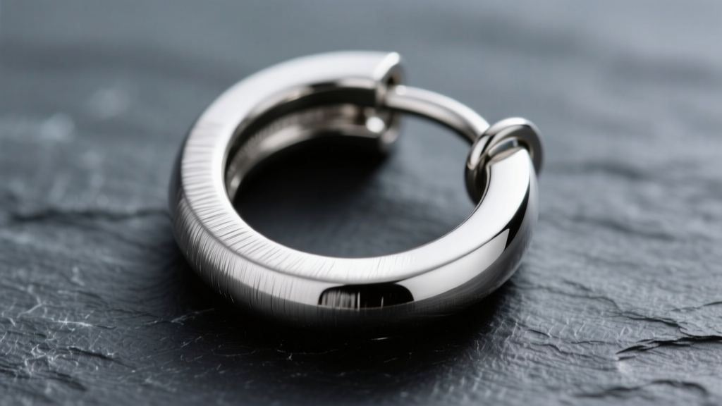 Macro shot of a brushed 925 sterling silver huggie hoop earring for men, highlighting the hinged clasp against dark slate.