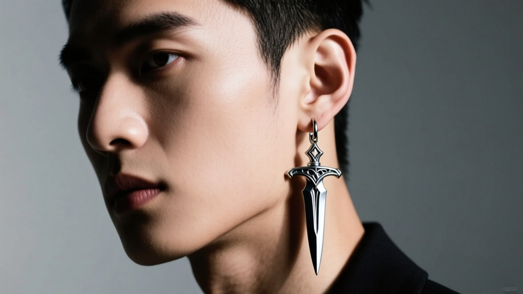 Young man wearing a 12-gauge silver dagger dangle earring, moody studio lighting highlighting the dark metal texture and earlobe.