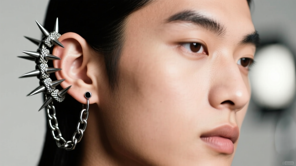 Asymmetrical ear styling portrait, left ear heavy with chain connectors and spikes, right ear featuring a single minimalist stud.