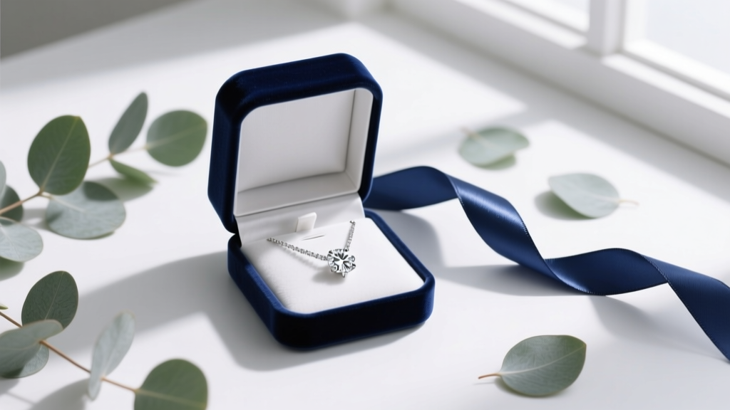Open velvet box holding a platinum diamond pendant necklace and a note, surrounded by eucalyptus leaves and a silk ribbon.