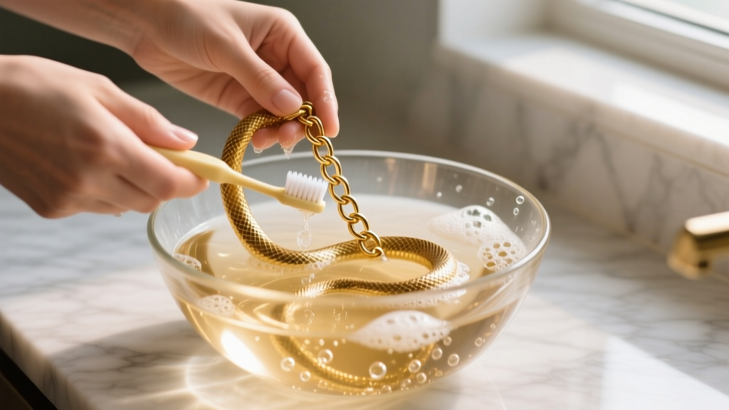 Hands gently washing a flat gold snake chain in a glass bowl of warm soapy water, using a soft baby toothbrush to clean links